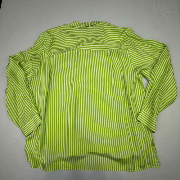 Melrose Silk Studio 100% Silk Lime Green and White Striped Long Sleeve Button Do - Picture 2 of 11